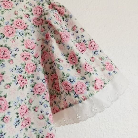 Vintage Prairie Nightie Pink Roses Adult M / L Cottage Core Cotton White Eyelet - Picture 6 of 8